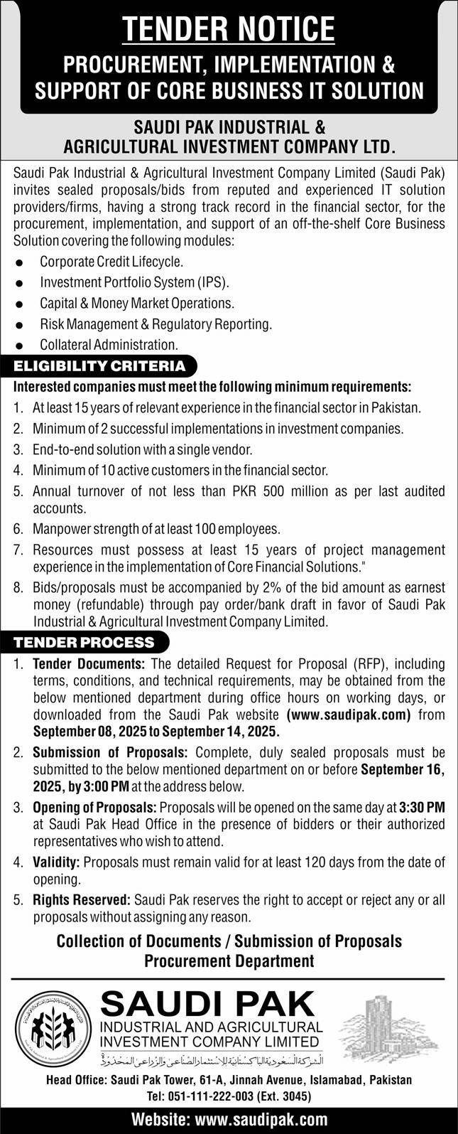 Saudi Pak Industrial & Agricultural Investment Company Limited Islamabad Tender Notice